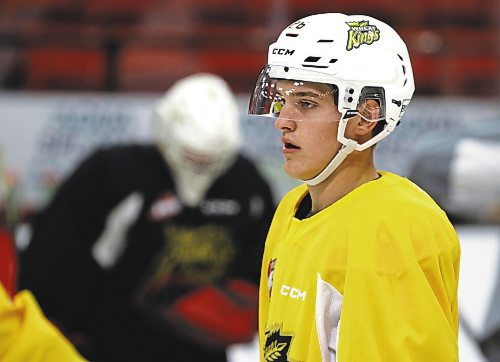 Seventeen-year-old Wheat Kings forward Trae Johnson, shown at practice earlier this season, was dealt to the Kelowna Rockets along with a third-round pick in 2023 and a fifth-round pick in 2024 for 18-year-old Nolan Flamand. (Perry Bergson/The Brandon Sun)