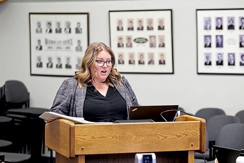 City of Brandon director of finance Tara Pearce discusses the cost of borrowing money to pay for two new wastewater lift stations in southwest Brandon at a special city council meeting Tuesday evening. (Colin Slark/The Brandon Sun)