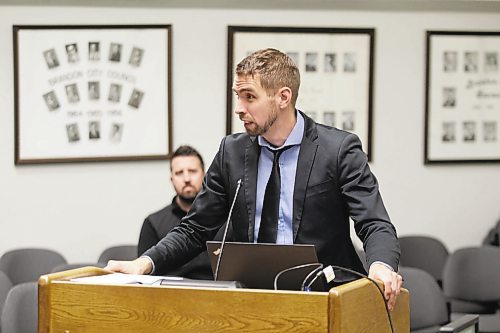 Brandon's director of planning and buildings, Ryan Nickel, provides an overview of the city's development and growth process at a special council meeting on Tuesday evening. (Colin Slark/The Brandon Sun)