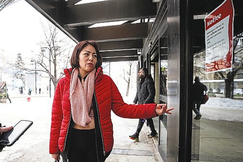 MIKE DEAL / WINNIPEG FREE PRESS
Shaylene Constant outside the Millennium Library Tuesday morning. Wednesday will mark one month since a man was killed at the downtown library, which remains closed.
See Malak Abas story
230110 - Tuesday, January 10, 2023.