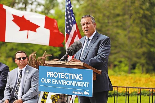 Deputy Premier Cliff Cullen talks about the strong partnership between Manitoba and North Dakota at the International Peace Garden on Monday. (Colin Slark/The Brandon Sun)