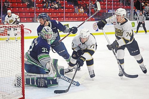 Zakhar Polshakov (71) and Brett Hyland (74) of the Brandon Wheat Kings chase the puck into Seattle goaltender Scott Ratzlaff&#x2019;s crease during WHL action at Westoba Place on Tuesday evening. 
(Tim Smith/The Brandon Sun)