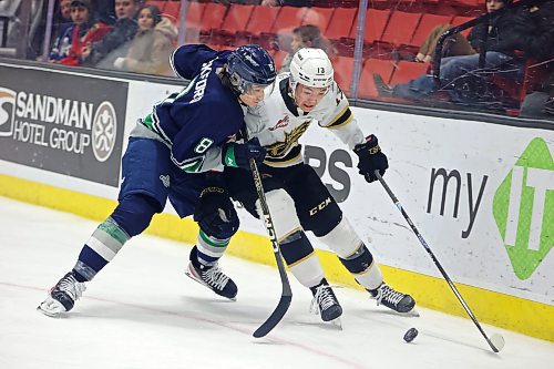 10012023
Roger McQueen #13 of the Brandon Wheat Kings tries to keep the puck away from Bryce Pickford #8 of the Seattle Thunderbirds during WHL action at Westoba Place on Tuesday evening. 
(Tim Smith/The Brandon Sun)