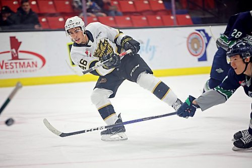 10012023
Dawson Pasternak #46 of the Brandon Wheat Kings fires off a shot on net during WHL action against the Seattle Thunderbirds at Westoba Place on Tuesday evening. 
(Tim Smith/The Brandon Sun)