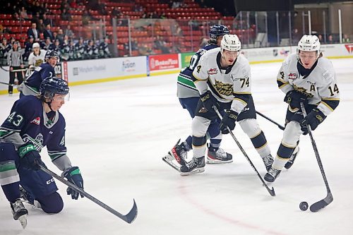 10012023
Calder Anderson #14 of the Brandon Wheat Kings looks to take a shot on net as Sawyer Mynio #43 of the Seattle Thunderbirds tries to block the shot during WHL action at Westoba Place on Tuesday evening. 
(Tim Smith/The Brandon Sun)