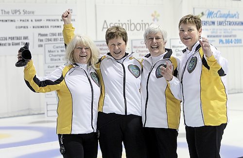 Linda Van Daele, left, Joyce McDougall, Cheryl Orr and Karen Dunbar celebrate after winning the 2011 Canadian Masters Women's Curling Championship at the Assiniboine Memorial Curling Club in Winnipeg. The rink will be inducted into the Manitoba Curling Hall of Fame on May 7 at the Victoria Inn in Brandon. (Winnipeg Free Press files)