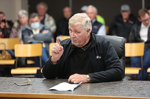 Fred Gilbert, owner of Fred Gilbert Trucking and gravel pits in the RM of Cornwallis, makes his point during a council meeting Tuesday evening. Gilbert was there to speak against a move by the municipality to increase aggregate mining and transport fees. (Ian Hitchen/Brandon Sun)