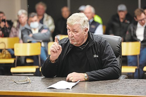 Fred Gilbert, owner of Fred Gilbert Trucking and gravel pits in the RM of Cornwallis, makes his point during a council meeting Tuesday evening. Gilbert was there to speak against a move by the municipality to increase aggregate mining and transport fees. (Ian Hitchen/Brandon Sun)