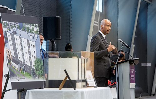 MIKE DEAL / WINNIPEG FREE PRESS
Federal Minister of Housing and Diversity and Inclusion, Ahmed Hussen speaks during the announcement.
Opaskwayak Cree Nation Chief Sidney Ballantyne along with Federal Minister of Housing and Diversity and Inclusion, Ahmed Hussen; Federal Minister of Northern Affairs and Minister responsible for Prairies Economic Development Canada, Dan Vandal; Manitoba Minister of Families, Rochelle Squires; CEO of Paragon Design Build, Nigel Furgus, along with many other dignitaries and guests attend the ground breaking and funding announcement for an new seven story housing complex next to the University of Winnipeg, Wednesday afternoon.
See Gabrielle Piche story
230111 - Wednesday, January 11, 2023.
