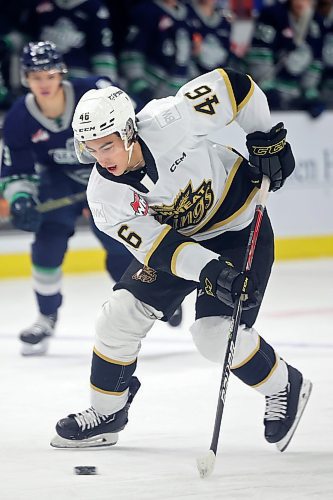 10012023
Dawson Pasternak #46 of the Brandon Wheat Kings during WHL action against the Seattle Thunderbirds at Westoba Place on Tuesday evening. 
(Tim Smith/The Brandon Sun)