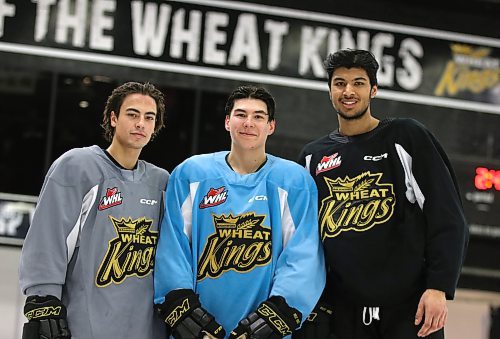 The three newest members of the Bradnon Wheat Kings, from left to right, Dawson Pasternak, Nolan Flamand and Kayden Sadhra-Kang, pose for a picture after practice at Westoba Place on Thursday. The Wheat Kings host the Medicine Hat Tigers tonight. (Perry Bergson/The Brandon Sun)