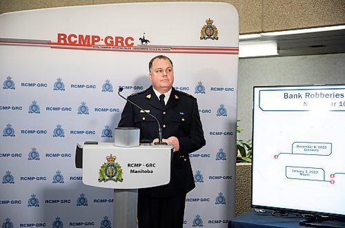 JESSICA LEE / WINNIPEG FREE PRESS

Inspector Tim Arseneault, Investigative Services Officer, Major Crimes Services, Manitoba RCMP, speaks to the media on January 12, 2023 at the RCMP headquarters regarding bank robberies across Southern Manitoba and the kidnapping of a 16-year-old girl which occurred on June 23, 2019.

Reporter: Erik Pindera