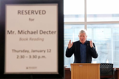 12012023
Michael Decter, a former Chancellor of Brandon University, speaks about his debut novel Shadow Life at the Brandon University John E. Robbins Library on Thursday. Shadow Life, the first book in a planned trilogy, was recently named one of the best Canadian fiction books of 2022 by CBC. Decter has also written several non-fiction books. 
(Tim Smith/The Brandon Sun)