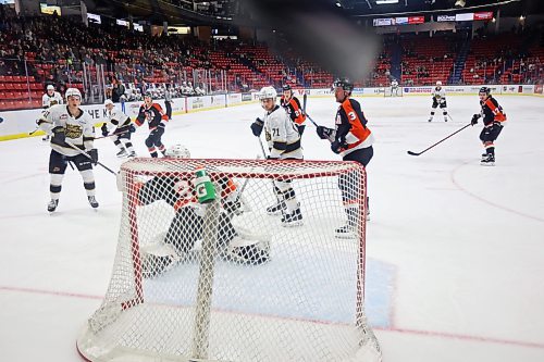 13012023
The puck flies wide of netminder Evan May #31 of the Medicine Hat Tigers and into the glass during WHL action against the Brandon Wheat Kings at Westoba Place on Friday evening. (Tim Smith/The Brandon Sun)