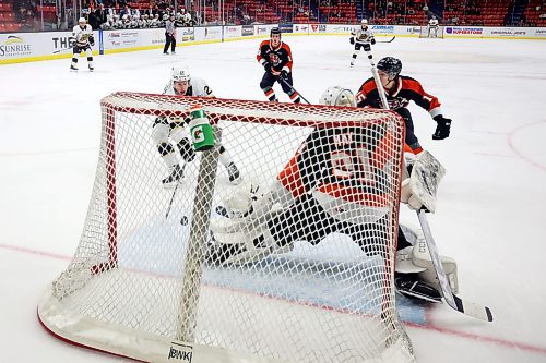 13012023
Nate Danielson #29 of the Brandon Wheat Kings flicks the puck past netminder Evan May #31 of the Medicine Hat Tigers for a goal during WHL action at Westoba Place on Friday evening. (Tim Smith/The Brandon Sun)