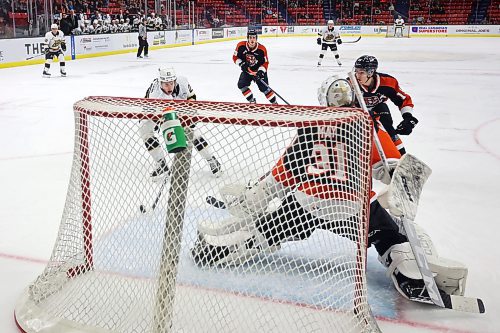 13012023
Nate Danielson #29 of the Brandon Wheat Kings flicks the puck past netminder Evan May #31 of the Medicine Hat Tigers for a goal during WHL action at Westoba Place on Friday evening. (Tim Smith/The Brandon Sun)