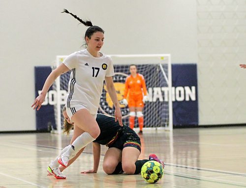 Brandon Bobcats Ashley Robinson winds up to shoot against the CMU Blazers during MCAC women's futsal action at the Healthy Living Centre on Saturday. Brandon won 4-2. (Thomas Friesen/The Brandon Sun)