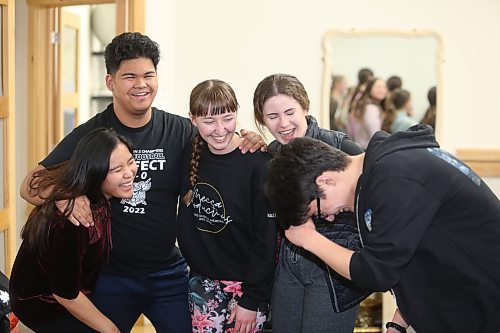 Some of the leading heroes and villains of DI Productions' "Aladdin Jr." share a laugh during a Saturday night rehearsal at the Brandon School of Dance. (Kyle Darbyson/The Brandon Sun)