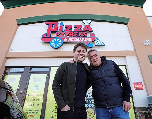 Tony and Gus Vasilarakis pose for a photo outside their new Pizza Express location in Winnipeg, which is situated at 3116 Roblin Blvd. (Ruth Bonneville/Winnipeg Free Press)