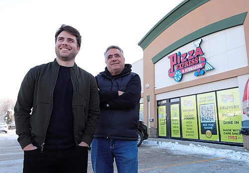 Tony and Gus Vasilarakis pose for a photo outside their new Pizza Express location in Winnipeg, which is situated at 3116 Roblin Blvd. (Ruth Bonneville/Winnipeg Free Press)