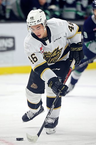 10012023
Dawson Pasternak #46 of the Brandon Wheat Kings during WHL action against the Seattle Thunderbirds at Westoba Place on Tuesday evening. 
(Tim Smith/The Brandon Sun)