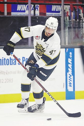 10012023
Kayden Sadhra-Kang #47 of the Brandon Wheat Kings during WHL action against the Seattle Thunderbirds at Westoba Place on Tuesday evening. 
(Tim Smith/The Brandon Sun)