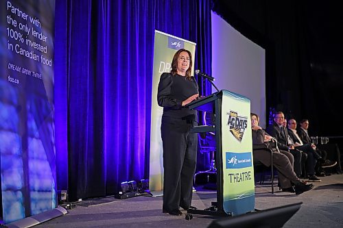 Manitoba Premier Heather Stefanson gives remarks at the FCC Theatre during Manitoba Ag Days at the Keystone Centre on Tuesday. (Tim Smith/The Brandon Sun)