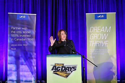 17012023
Manitoba Premier Heather Stefanson gives remarks at the FCC Theatre during Manitoba Ag Days 2023 at The Keystone Centre on Tuesday.  (Tim Smith/The Brandon Sun)