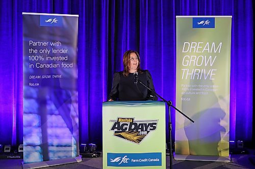 17012023
Manitoba Premier Heather Stefanson gives remarks at the FCC Theatre during Manitoba Ag Days 2023 at The Keystone Centre on Tuesday.  (Tim Smith/The Brandon Sun)