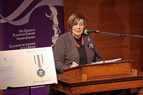 17012023
Manitoba Lieutenant-Governor Anita Neville speaks before awarding Queen Elizabeth II Platinum Jubilee Medals to approximately 80 Westman individuals during a ceremony which included Manitoba Premier Heather Stefanson and MLA’s Doyle Piwniuk, Greg Nesbitt, Cliff Cullen, Eileen Clarke, Reg Helwer, Len Isleifson, Brad Michaleski and Rick Wowchuk at the Brandon University Lorne Watson Recital Hall on Tuesday.  (Tim Smith/The Brandon Sun)