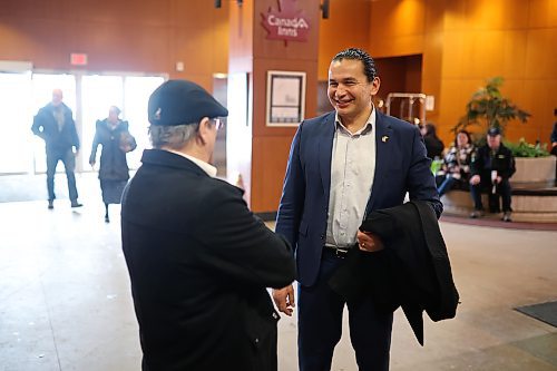 Manitoba NDP Leader Wab Kinew visits with a person attending Manitoba Ag Days at the Canad Inns Destination Centre on Wednesday. (Tim Smith/The Brandon Sun)