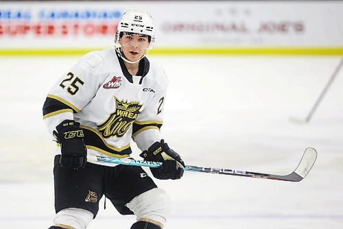 13012023
Nolan Flamand #25 of the Brandon Wheat Kings during WHL action against the Medicine Hat Tigers at Westoba Place on Friday evening. (Tim Smith/The Brandon Sun)