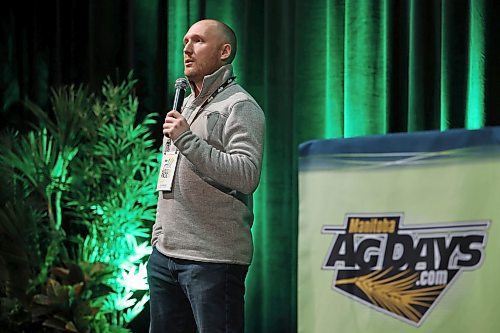 18012023
Farmer and former Humboldt Broncos Coach Chris Beaudry delivers a talk on mental health titled Farm, Hockey, Stress - Discovering Your Path For Today, at the MNP Theatre in the Keystone Centre during Manitoba Ag Days 2023 on Wednesday.  (Tim Smith/The Brandon Sun)