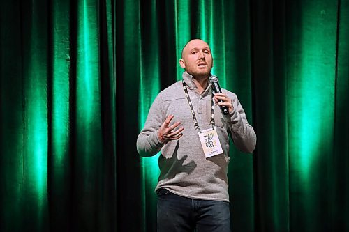 18012023
Farmer and former Humboldt Broncos Coach Chris Beaudry delivers a talk on mental health titled Farm, Hockey, Stress - Discovering Your Path For Today, at the MNP Theatre in the Keystone Centre during Manitoba Ag Days 2023 on Wednesday.  (Tim Smith/The Brandon Sun)