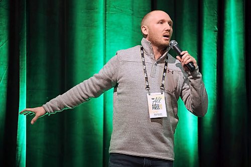 18012023
Farmer and former Humboldt Broncos Coach Chris Beaudry delivers a talk on mental health titled Farm, Hockey, Stress - Discovering Your Path For Today, at the MNP Theatre in the Keystone Centre during Manitoba Ag Days 2023 on Wednesday.  (Tim Smith/The Brandon Sun)