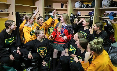 RUTH BONNEVILLE / WINNIPEG FREE PRESS 

SPORTS - Pickering

Photo of Balmoral Hall defenceman Avery Pickering being celebrated by her teammates in the dressing room after practice at Hockey for all Centre (Iceplex), Wednesday. Pickering wears her medal after returning from the world U18 championship recenlty.



Staffing: Sawatzky

Jan 18th,  2023