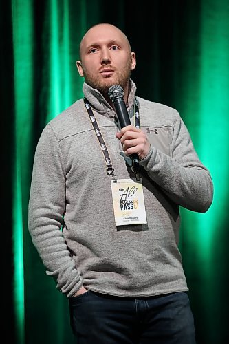 Farmer and former Humboldt Broncos coach Chris Beaudry delivers a presentation on mental health at the MNP Theatre in the Keystone Centre during Manitoba Ag Days on Jan. 18. See story on page 2. (Tim Smith/The Brandon Sun)