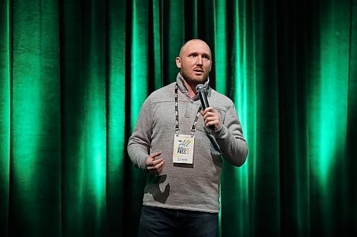 Farmer and former Humboldt Broncos coach Chris Beaudry delivers a presentation on mental health at the MNP Theatre in the Keystone Centre during Manitoba Ag Days on Jan. 18. (Tim Smith/The Brandon Sun)