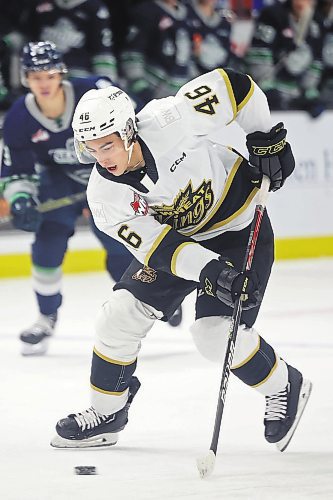 10012023
Dawson Pasternak #46 of the Brandon Wheat Kings during WHL action against the Seattle Thunderbirds at Westoba Place on Tuesday evening. 
(Tim Smith/The Brandon Sun)