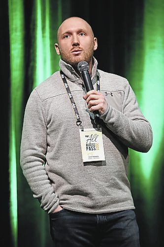 18012023
Farmer and former Humboldt Broncos Coach Chris Beaudry delivers a talk on mental health titled Farm, Hockey, Stress - Discovering Your Path For Today, at the MNP Theatre in the Keystone Centre during Manitoba Ag Days 2023 on Wednesday.  (Tim Smith/The Brandon Sun)