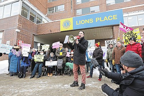 RUTH BONNEVILLE / WINNIPEG FREE PRESS 

Local - Lions Place community rally 

Thomas Linner, Manitoba Health Coalition, speaks at the rally Thursday.

The Lions Place Residents Council Seniors Action Committee along with supporters hold  a community rally in front of Lions Place Thursday,  The organizers are calling upon the provincial and federal governments to take action to protect the residents of Lions Place regarding the pending sale of the building to an Alberta company.

See Carol's Story. 
 

Jan 19th,  2023