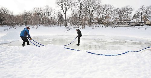 RUTH BONNEVILLE / WINNIPEG FREE PRESS 

LOCAL - river rules

Ross Brownlee, a member of the Winter Wonderland group, and Jarrett Rempel a physical education teacher at Westgate Mennonite Collegiate, flood a skating area on the river to prepare a skating trail Thursday. 

Also, photo of the steel ramp  access to the river level behind Westgate Mennonite Collegiate. The city paid for this and it would be beneficial to have a photo for my story.

For story on more residents using the river for activities and who is responsible for rules of use.

Tyler Searle
Multi-media producer, Winnipeg Free Press

Jan 19th,  2023