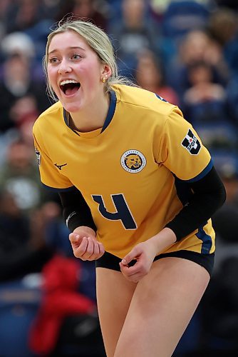 20012023
Ashley Thoms #4 of the Brandon University Bobcats celebrates a point during university volleyball action against the University of Calgary Dinos at the BU Healthy Living Centre on Friday evening. The Bobcats lost to the Dinos in five sets.
(Tim Smith/The Brandon Sun)