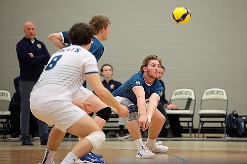 20012023
Max Brook #10 (C) of the Brandon University Bobcats digs the ball during men&#x2019;s university volleyball action against the University of Calgary Dinos at the BU Healthy Living Centre on Friday evening. (Tim Smith/The Brandon Sun)