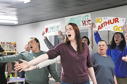The cast of Mecca Production's "Spamalot" run through one of the play's many comedic musical numbers during a Friday evening rehearsal in downtown Brandon. The cast will be performing these same numbers in front of a live crowd Feb. 4-5 at the Western Manitoba Centennial Auditorium. (Kyle Darbyson/The Brandon Sun)