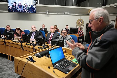 Members of Brandon City Council listen to a member of the public during Monday's second public hearing on the $30 million debenture for the southwest lift station project. (Colin Slark/The Brandon Sun)