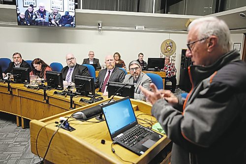 Members of Brandon City Council listen to a member of the public during Monday's second public hearing on the $30 million debenture for the southwest lift station project. (Colin Slark/The Brandon Sun)