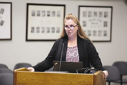 The City of Brandon's director of human resources, Tara Poole, discusses the new three-year collective bargaining agreement with the Brandon Police Association at a special city council meeting held Tuesday evening. (Colin Slark/The Brandon Sun)