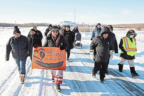 24012023
Community members from Rolling River First Nation take part in a march against family violence in the community on Tuesday to draw attention to family violence in the community. A lunch was served prior to the march and speakers spoke about family violence issues and resources following the march. 
(Tim Smith/The Brandon Sun)