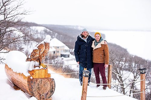 MIKAELA MACKENZIE / WINNIPEG FREE PRESS

Brett Sheffield (left) and Justin LeBlanc pose for a photo at the viewpoint (where they will host sunset yoga in the future) on the the Castleview Developments property, a 104 acre lot on Pelican Lake, in Manitoba on Tuesday, Jan. 24, 2023. They are planning on creating cabins, a wedding venue/corporate retreat, trails, and other amenities. Winnipeg Free Press 2023.